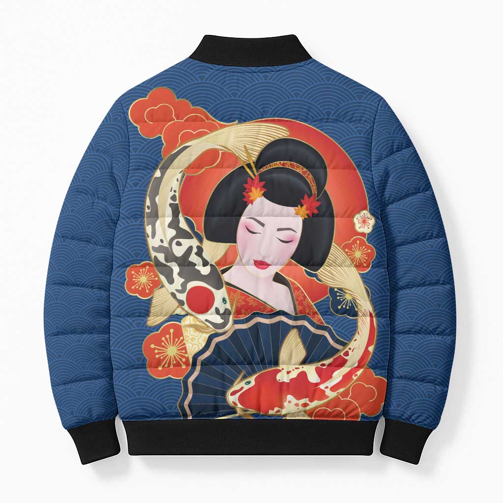 Japanese Geisha Koi Fish Bomber Puffer Jacket Cherry Blossoms Blue Seigaiha Pattern LT14 - Polynesian Pride