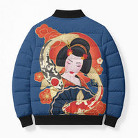 Japanese Geisha Koi Fish Bomber Puffer Jacket Cherry Blossoms Blue Seigaiha Pattern LT14 - Polynesian Pride