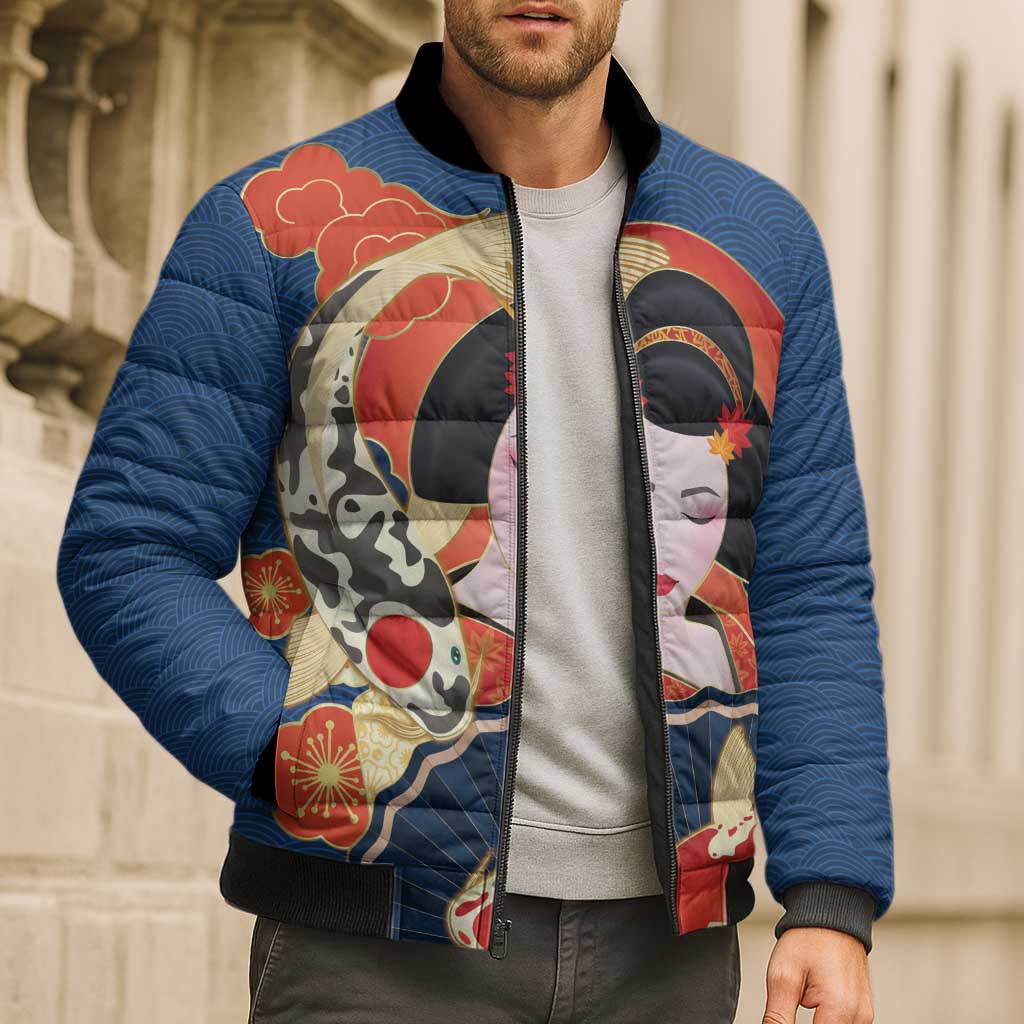 Japanese Geisha Koi Fish Bomber Puffer Jacket Cherry Blossoms Blue Seigaiha Pattern LT14 - Polynesian Pride
