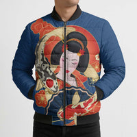 Japanese Geisha Koi Fish Bomber Puffer Jacket Cherry Blossoms Blue Seigaiha Pattern LT14 - Polynesian Pride