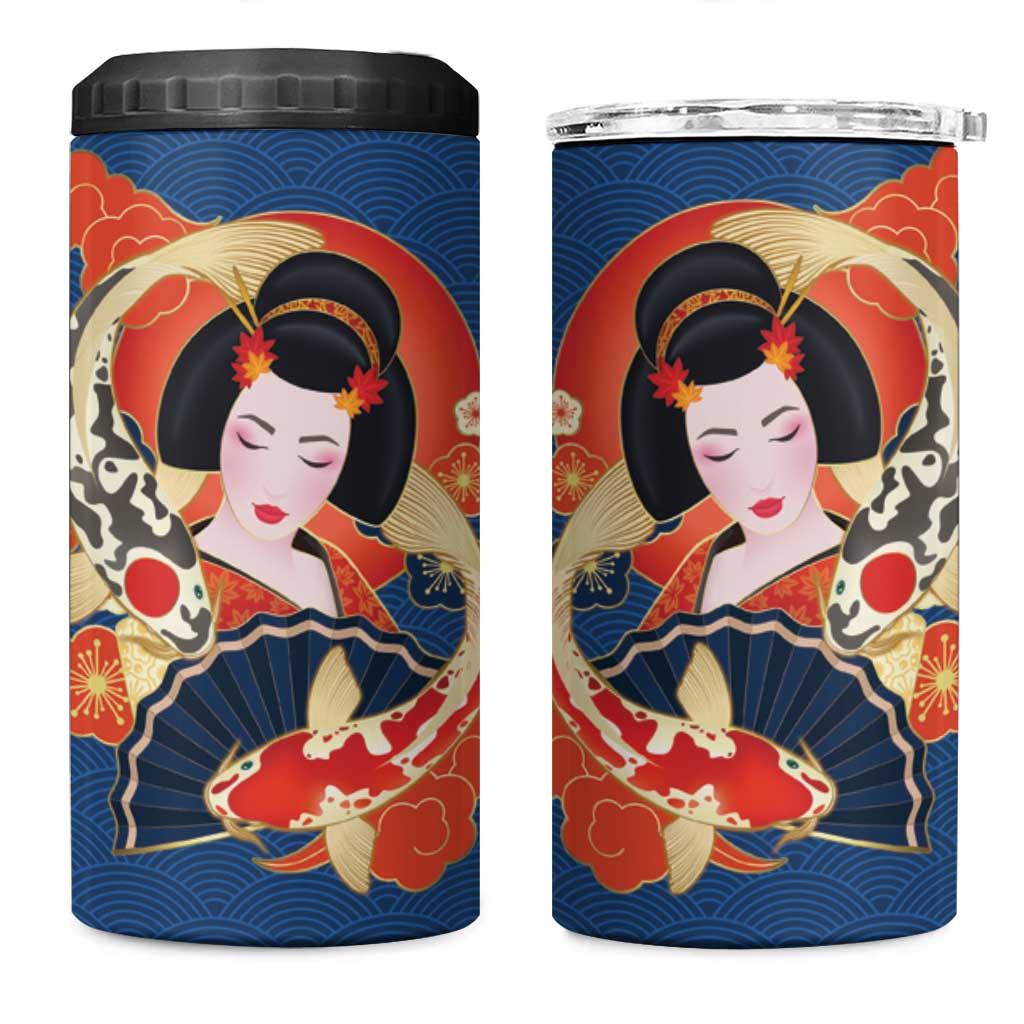 Japanese Geisha Koi Fish 4 in 1 Can Cooler Tumbler Cherry Blossoms Blue Seigaiha Pattern LT14 One Size: 16 oz Blue - Polynesian Pride