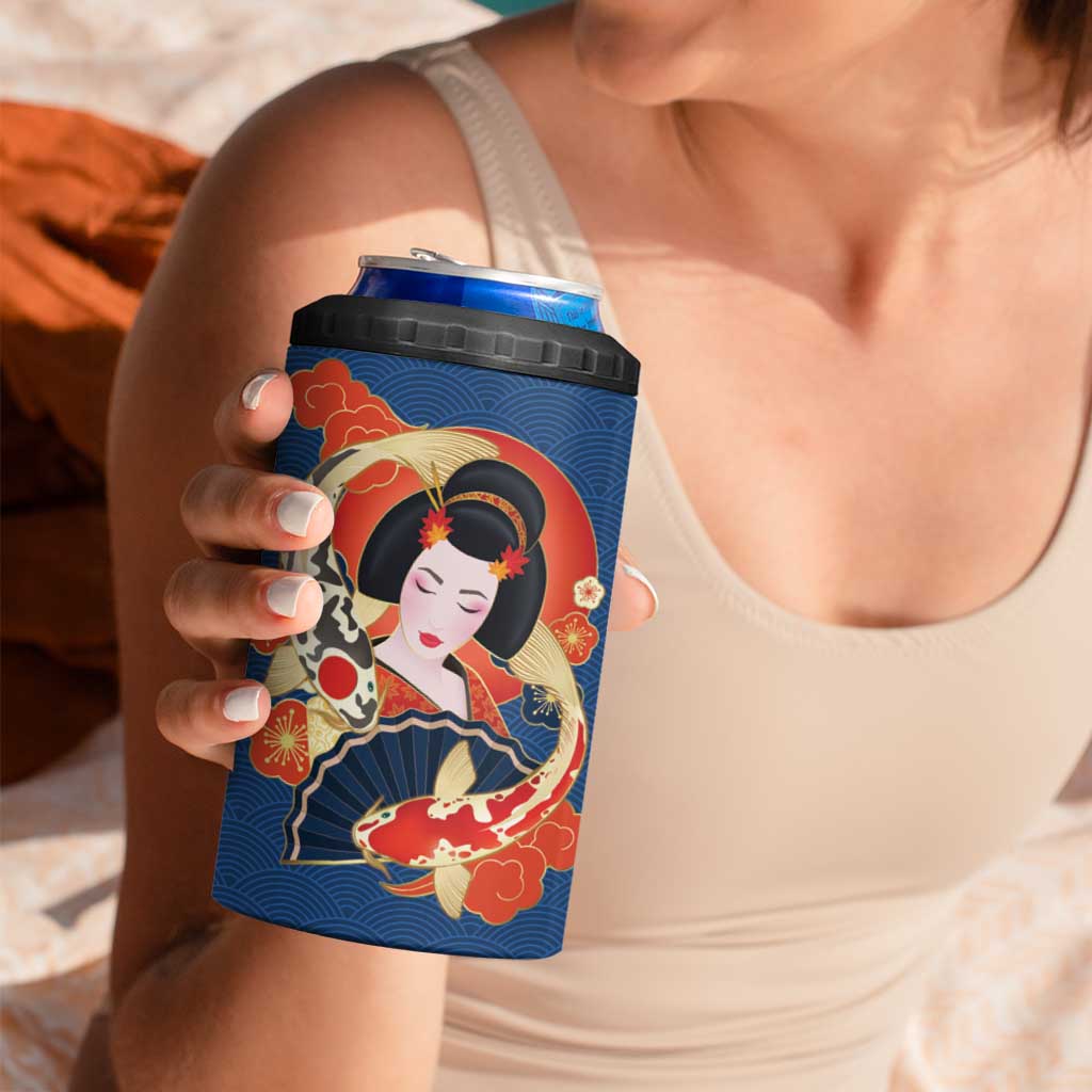 Japanese Geisha Koi Fish 4 in 1 Can Cooler Tumbler Cherry Blossoms Blue Seigaiha Pattern LT14 - Polynesian Pride