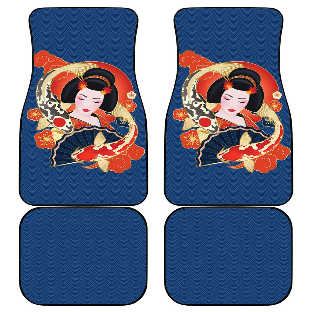 Japanese Geisha Koi Fish Car Mats Cherry Blossoms Blue Seigaiha Pattern - Polynesian Pride