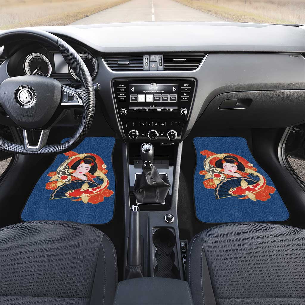 Japanese Geisha Koi Fish Car Mats Cherry Blossoms Blue Seigaiha Pattern - Polynesian Pride
