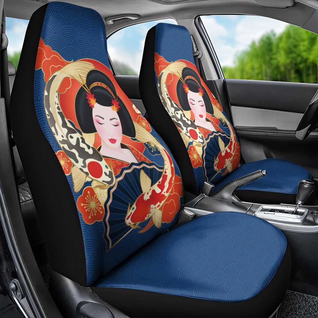 Japanese Geisha Koi Fish Car Seat Cover Cherry Blossoms Blue Seigaiha Pattern LT14 - Polynesian Pride