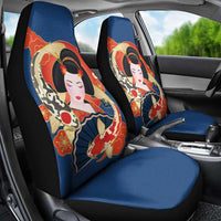 Japanese Geisha Koi Fish Car Seat Cover Cherry Blossoms Blue Seigaiha Pattern LT14 - Polynesian Pride