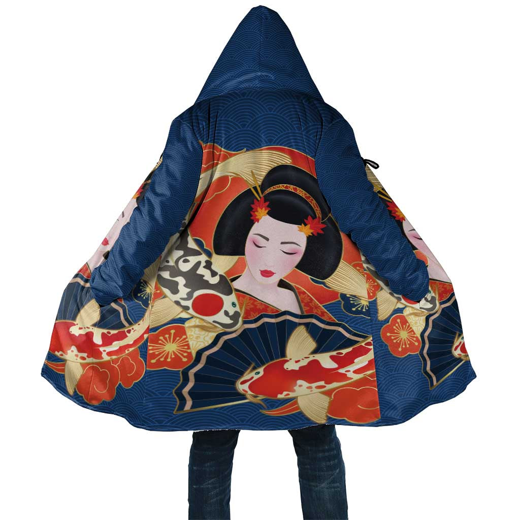Japanese Geisha Koi Fish Cloak Cherry Blossoms Blue Seigaiha Pattern LT14 Unisex Blue - Polynesian Pride
