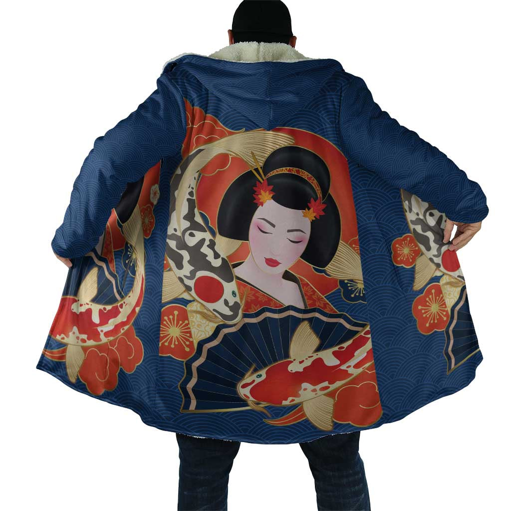 Japanese Geisha Koi Fish Cloak Cherry Blossoms Blue Seigaiha Pattern LT14 - Polynesian Pride