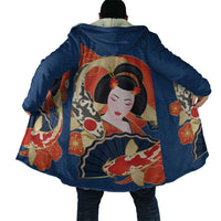 Japanese Geisha Koi Fish Cloak Cherry Blossoms Blue Seigaiha Pattern LT14 - Polynesian Pride
