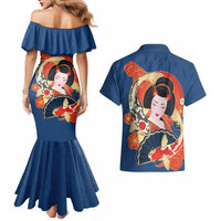 Japanese Geisha Koi Fish Couples Matching Mermaid Dress and Hawaiian Shirt Cherry Blossoms Blue Seigaiha Pattern - Polynesian Pride
