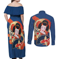 Japanese Geisha Koi Fish Couples Matching Off Shoulder Maxi Dress and Long Sleeve Button Shirt Cherry Blossoms Blue Seigaiha Pattern LT14 - Polynesian Pride