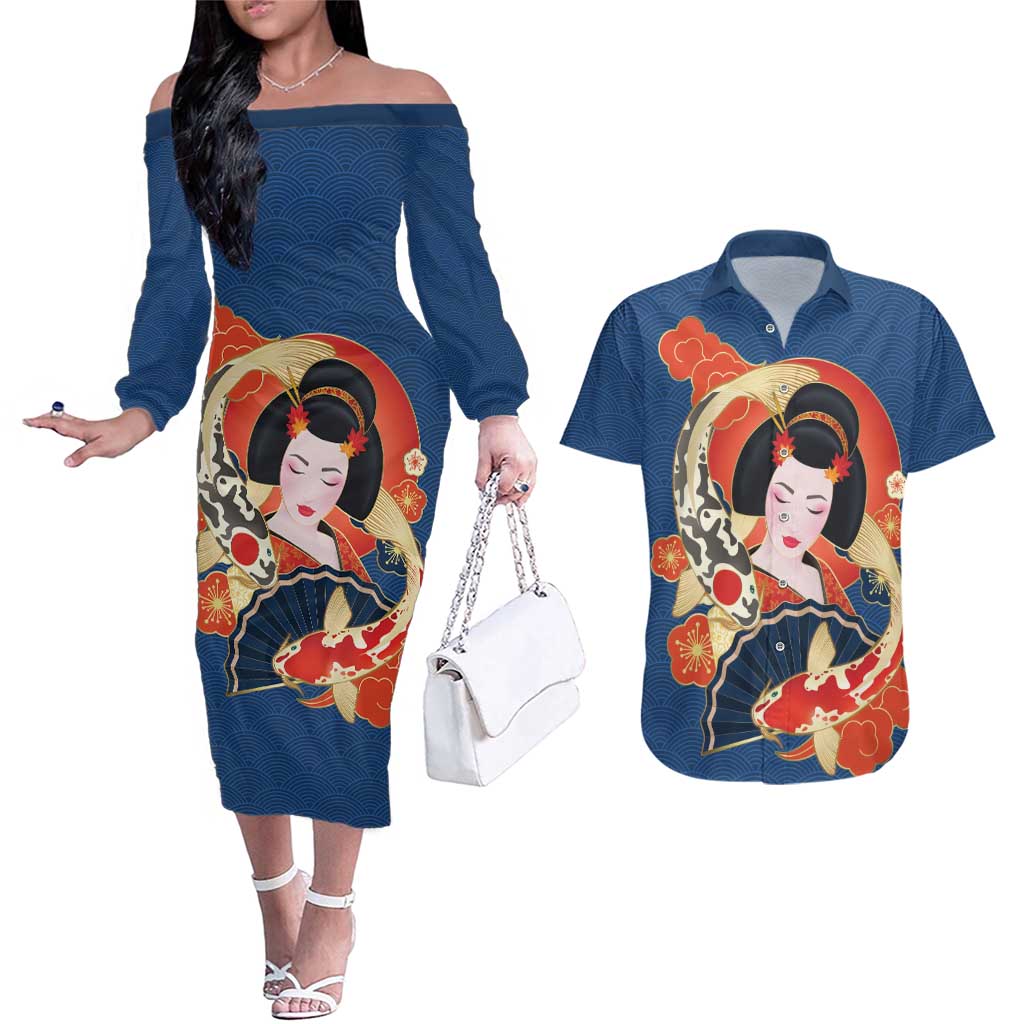 Japanese Geisha Koi Fish Couples Matching Off The Shoulder Long Sleeve Dress and Hawaiian Shirt Cherry Blossoms Blue Seigaiha Pattern LT14 Blue - Polynesian Pride