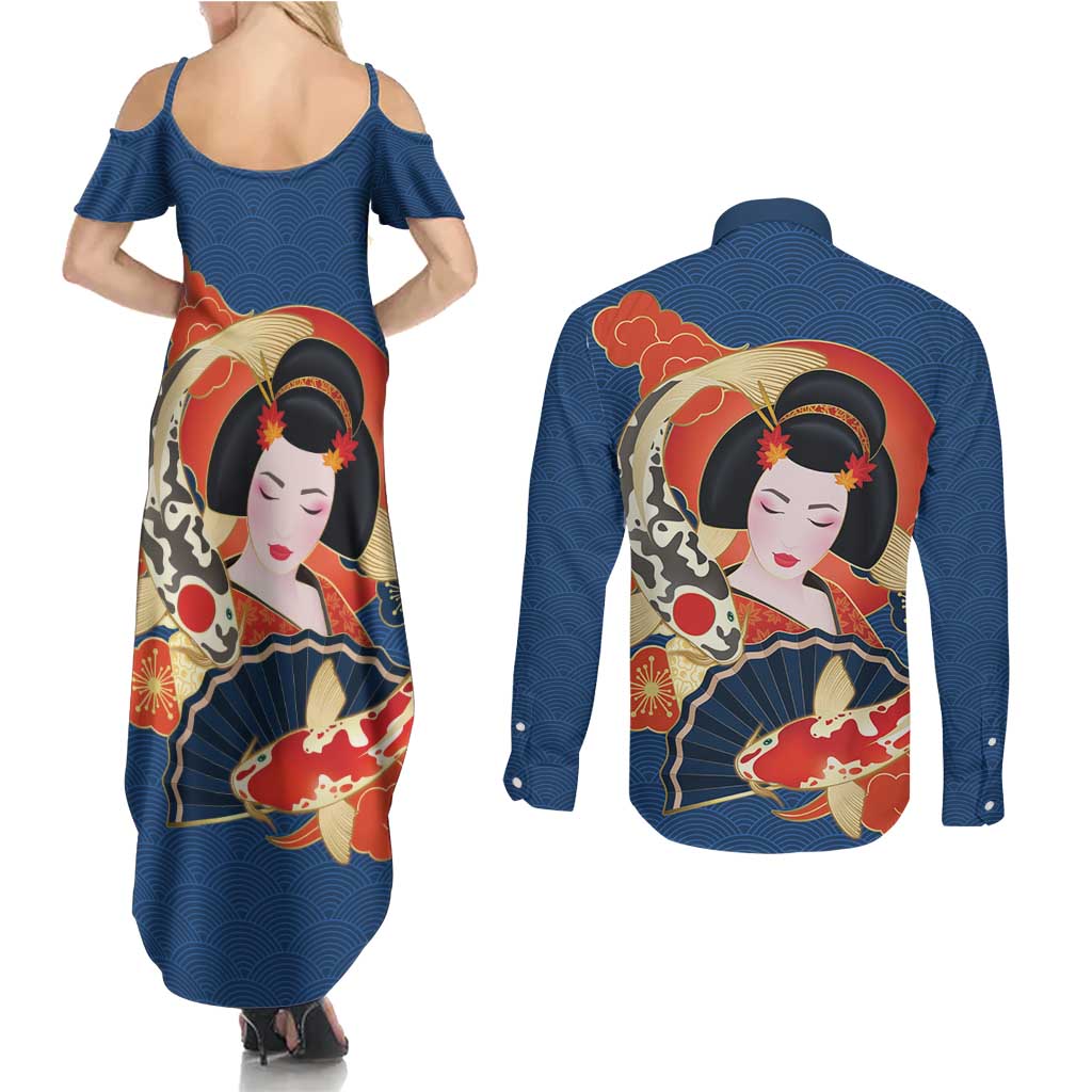 Japanese Geisha Koi Fish Couples Matching Summer Maxi Dress and Long Sleeve Button Shirt Cherry Blossoms Blue Seigaiha Pattern LT14 - Polynesian Pride