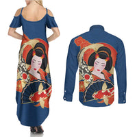 Japanese Geisha Koi Fish Couples Matching Summer Maxi Dress and Long Sleeve Button Shirt Cherry Blossoms Blue Seigaiha Pattern LT14 - Polynesian Pride