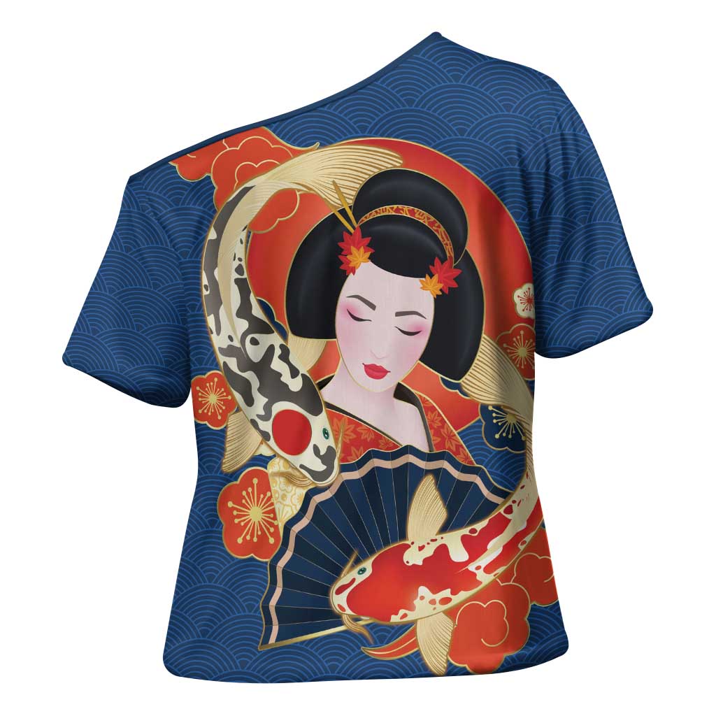Japanese Geisha Koi Fish Cross Shoulder Shirt Cherry Blossoms Blue Seigaiha Pattern LT14 - Polynesian Pride