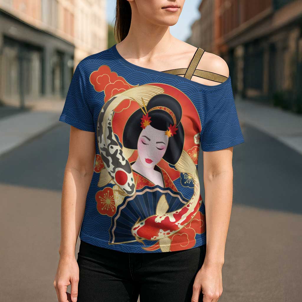 Japanese Geisha Koi Fish Cross Shoulder Shirt Cherry Blossoms Blue Seigaiha Pattern LT14 - Polynesian Pride