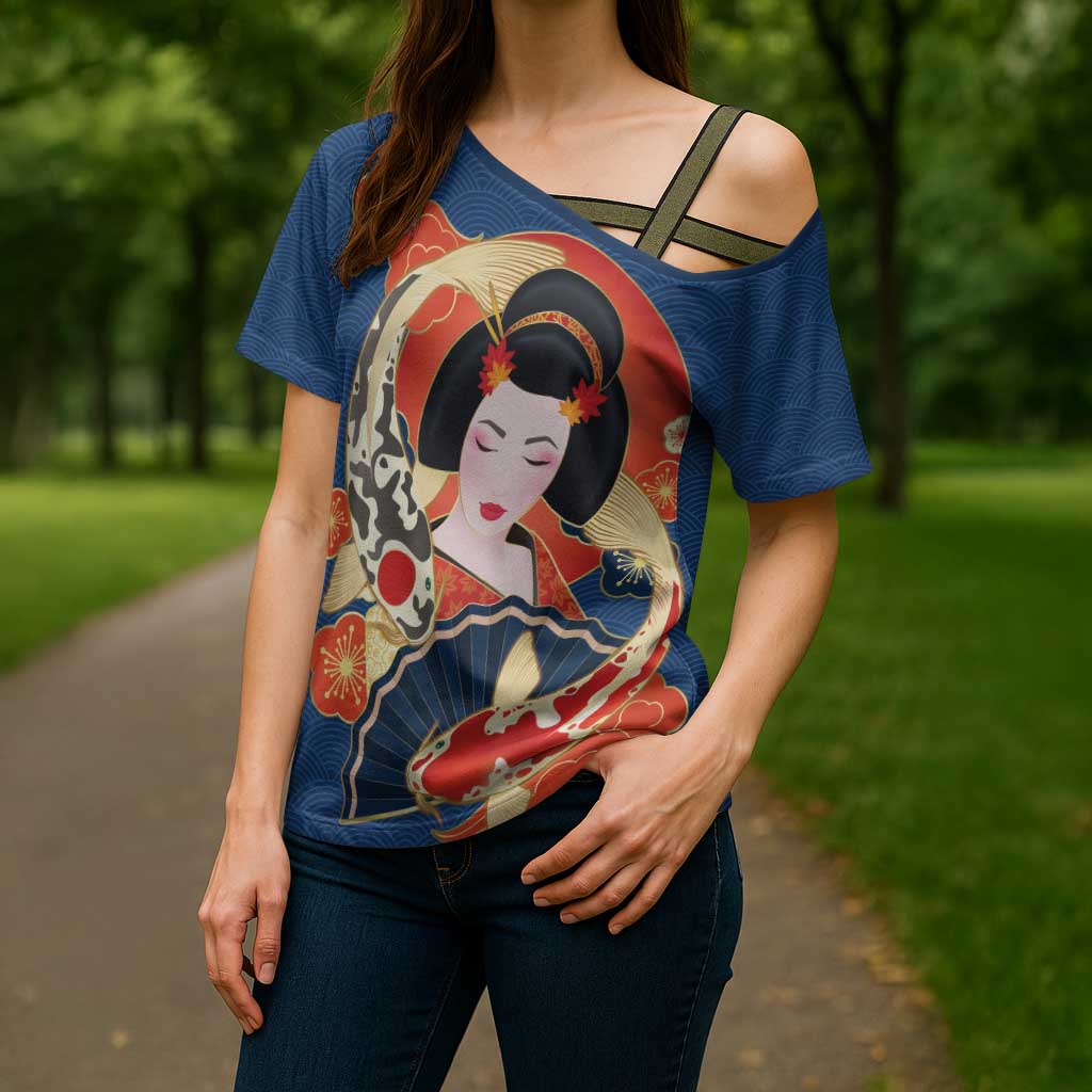 Japanese Geisha Koi Fish Cross Shoulder Shirt Cherry Blossoms Blue Seigaiha Pattern LT14 - Polynesian Pride