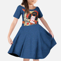 Japanese Geisha Koi Fish Family Matching Long Sleeve Bodycon Dress and Hawaiian Shirt Cherry Blossoms Blue Seigaiha Pattern - Polynesian Pride