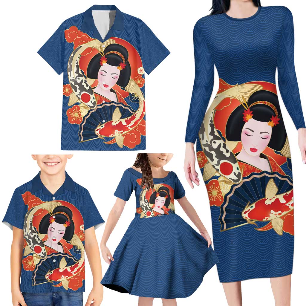 Japanese Geisha Koi Fish Family Matching Long Sleeve Bodycon Dress and Hawaiian Shirt Cherry Blossoms Blue Seigaiha Pattern - Polynesian Pride