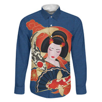 Japanese Geisha Koi Fish Family Matching Long Sleeve Bodycon Dress and Hawaiian Shirt Cherry Blossoms Blue Seigaiha Pattern - Polynesian Pride