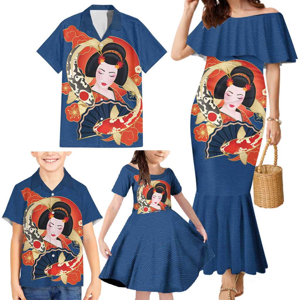 Japanese Geisha Koi Fish Family Matching Mermaid Dress and Hawaiian Shirt Cherry Blossoms Blue Seigaiha Pattern - Polynesian Pride