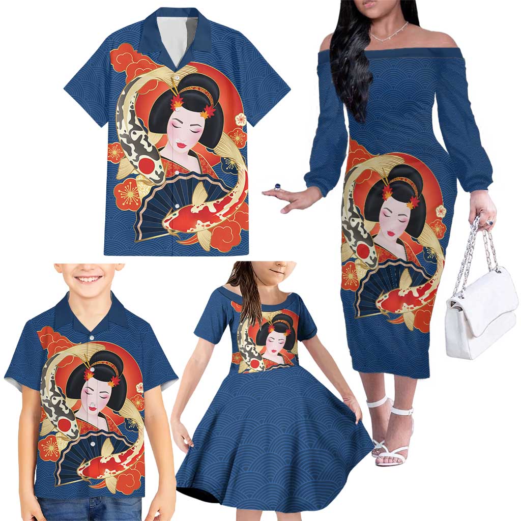 Japanese Geisha Koi Fish Family Matching Off The Shoulder Long Sleeve Dress and Hawaiian Shirt Cherry Blossoms Blue Seigaiha Pattern - Polynesian Pride
