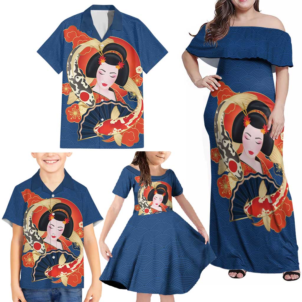 Japanese Geisha Koi Fish Family Matching Off Shoulder Maxi Dress and Hawaiian Shirt Cherry Blossoms Blue Seigaiha Pattern - Polynesian Pride