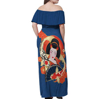 Japanese Geisha Koi Fish Family Matching Off Shoulder Maxi Dress and Hawaiian Shirt Cherry Blossoms Blue Seigaiha Pattern - Polynesian Pride