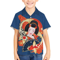 Japanese Geisha Koi Fish Family Matching Off Shoulder Maxi Dress and Hawaiian Shirt Cherry Blossoms Blue Seigaiha Pattern - Polynesian Pride