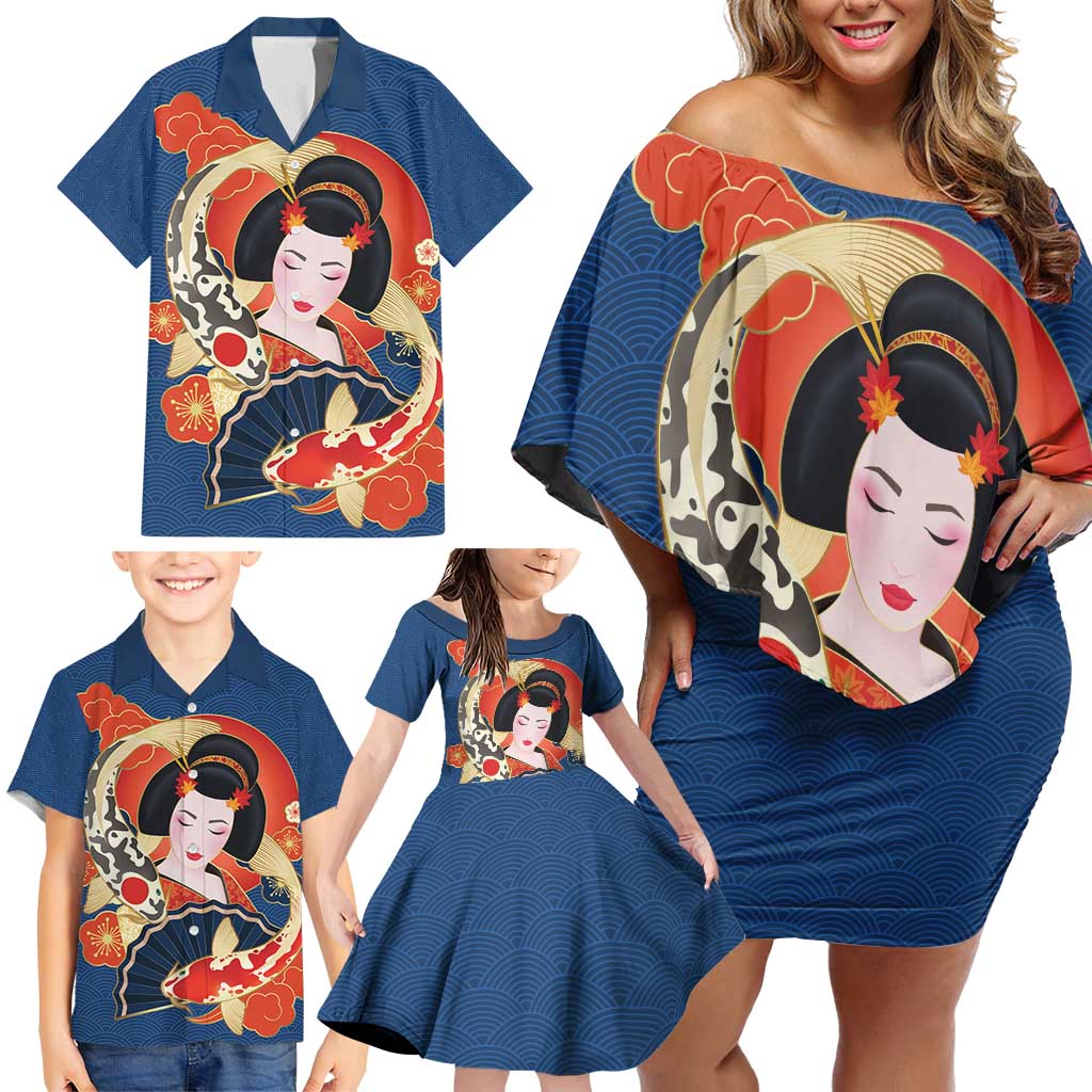 Japanese Geisha Koi Fish Family Matching Off Shoulder Short Dress and Hawaiian Shirt Cherry Blossoms Blue Seigaiha Pattern - Polynesian Pride