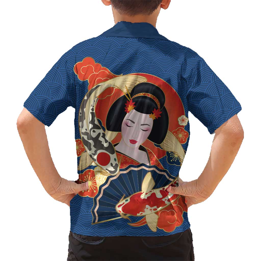 Japanese Geisha Koi Fish Family Matching Puletasi and Hawaiian Shirt Cherry Blossoms Blue Seigaiha Pattern - Polynesian Pride