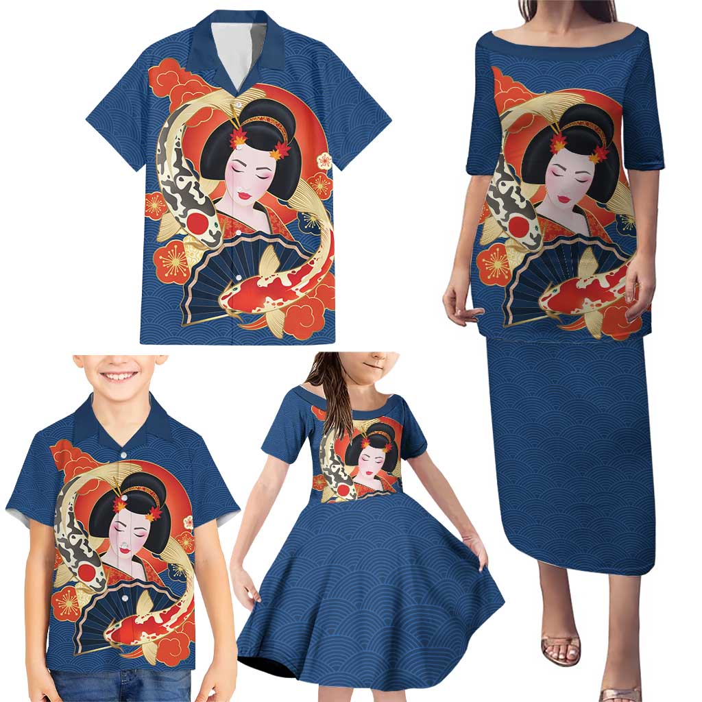 Japanese Geisha Koi Fish Family Matching Puletasi and Hawaiian Shirt Cherry Blossoms Blue Seigaiha Pattern - Polynesian Pride