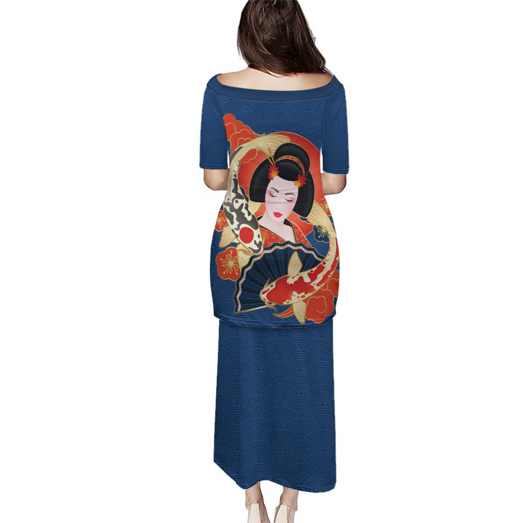 Japanese Geisha Koi Fish Family Matching Puletasi and Hawaiian Shirt Cherry Blossoms Blue Seigaiha Pattern - Polynesian Pride