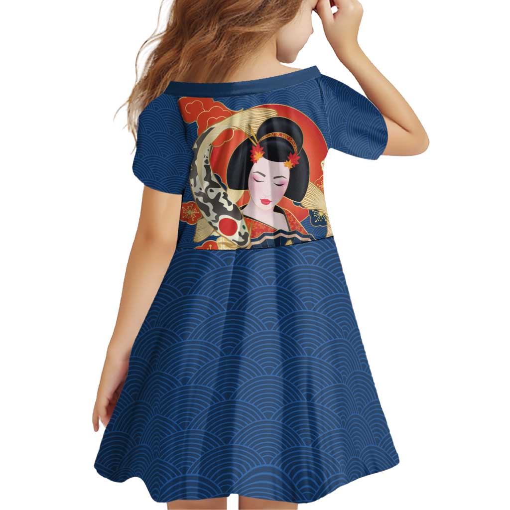 Japanese Geisha Koi Fish Family Matching Short Sleeve Bodycon Dress and Hawaiian Shirt Cherry Blossoms Blue Seigaiha Pattern - Polynesian Pride