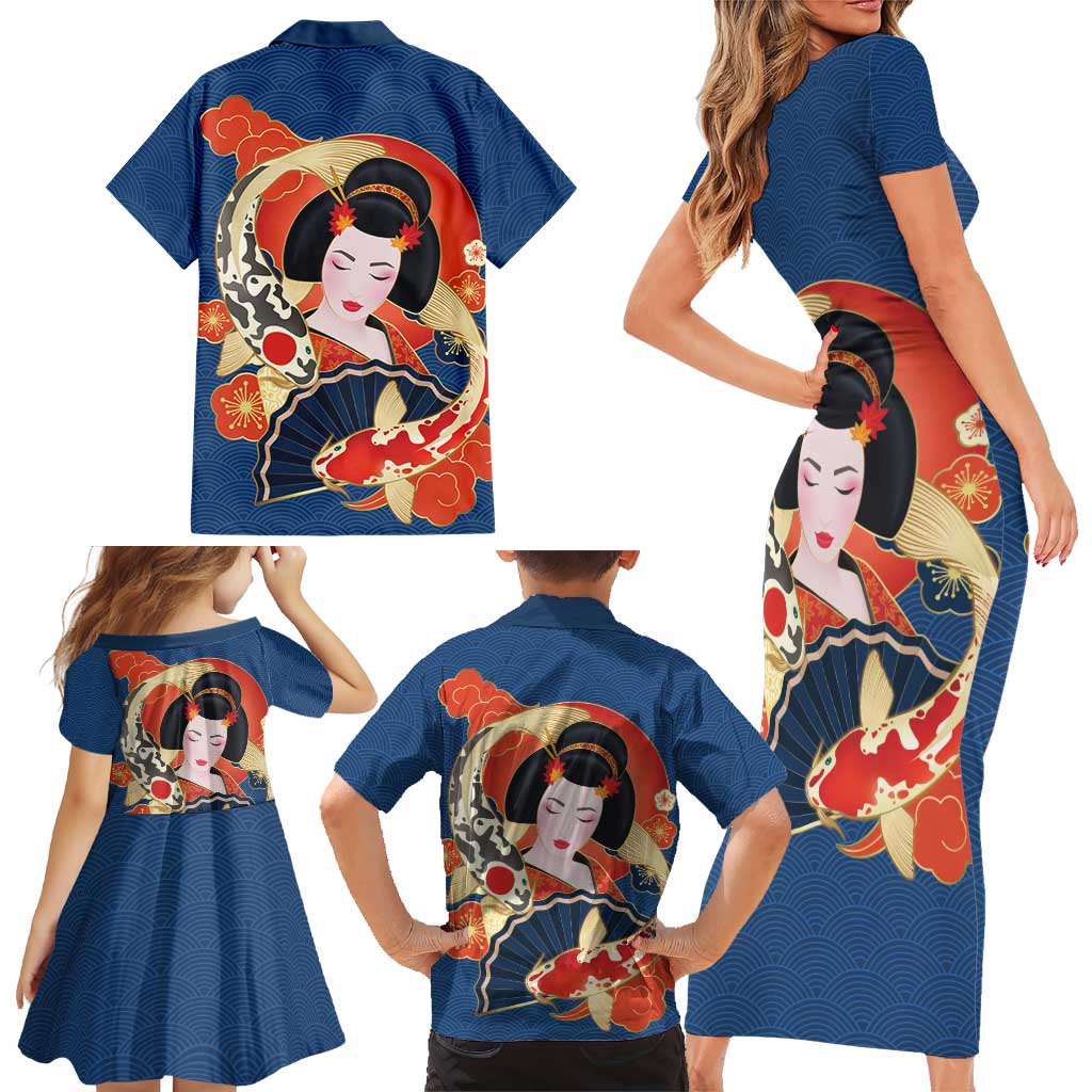 Japanese Geisha Koi Fish Family Matching Short Sleeve Bodycon Dress and Hawaiian Shirt Cherry Blossoms Blue Seigaiha Pattern - Polynesian Pride