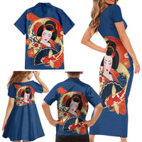 Japanese Geisha Koi Fish Family Matching Short Sleeve Bodycon Dress and Hawaiian Shirt Cherry Blossoms Blue Seigaiha Pattern - Polynesian Pride