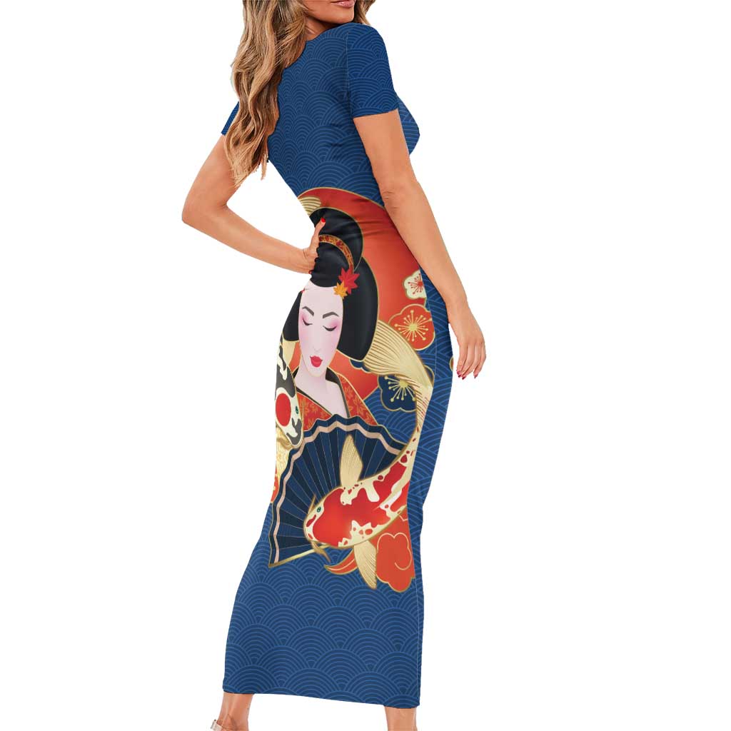 Japanese Geisha Koi Fish Family Matching Short Sleeve Bodycon Dress and Hawaiian Shirt Cherry Blossoms Blue Seigaiha Pattern - Polynesian Pride