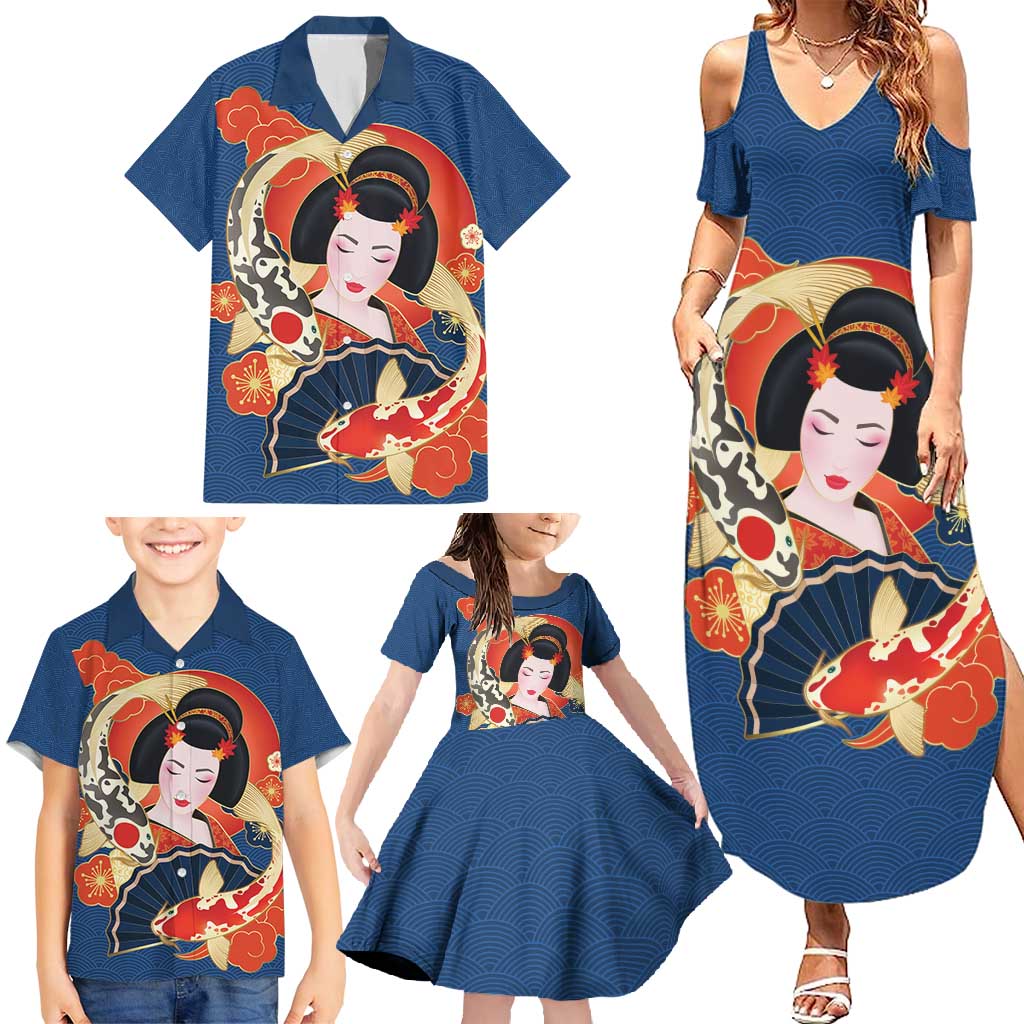 Japanese Geisha Koi Fish Family Matching Summer Maxi Dress and Hawaiian Shirt Cherry Blossoms Blue Seigaiha Pattern - Polynesian Pride