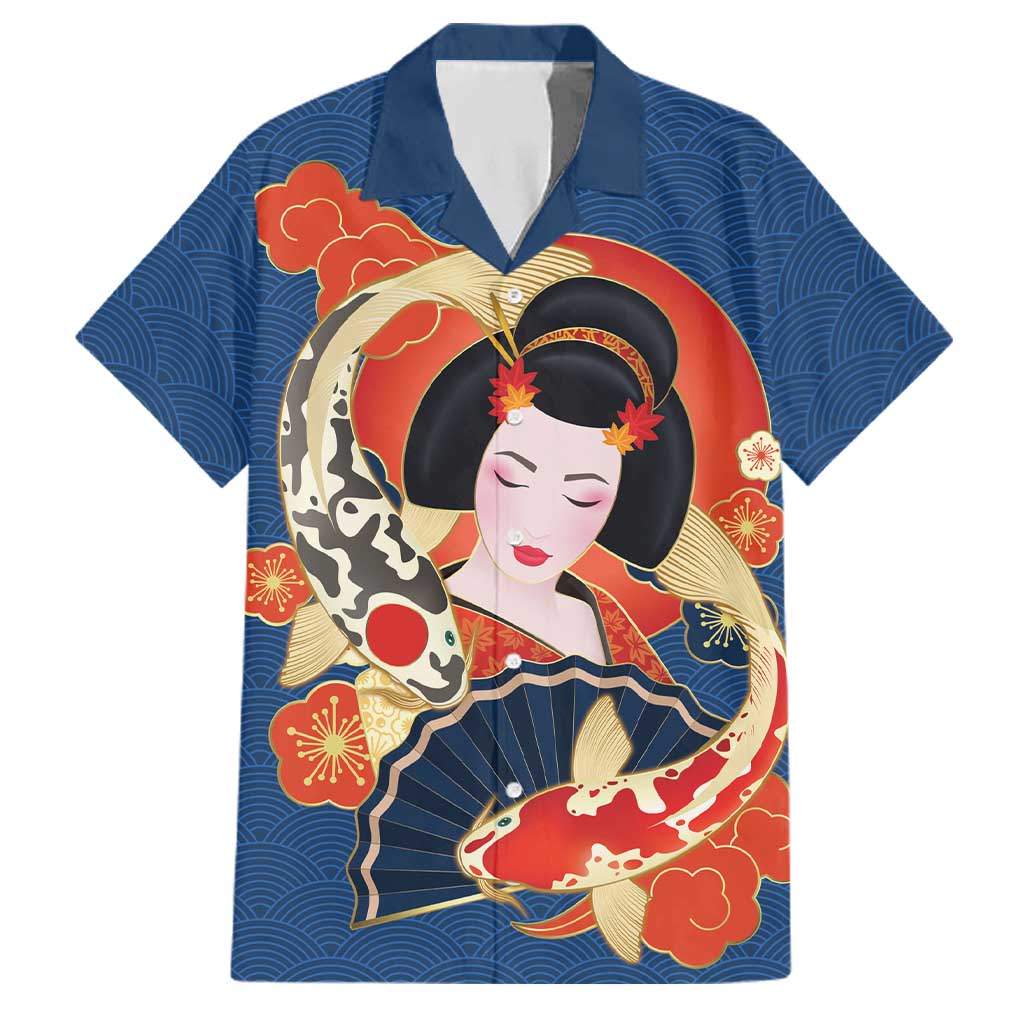 Japanese Geisha Koi Fish Family Matching Summer Maxi Dress and Hawaiian Shirt Cherry Blossoms Blue Seigaiha Pattern - Polynesian Pride