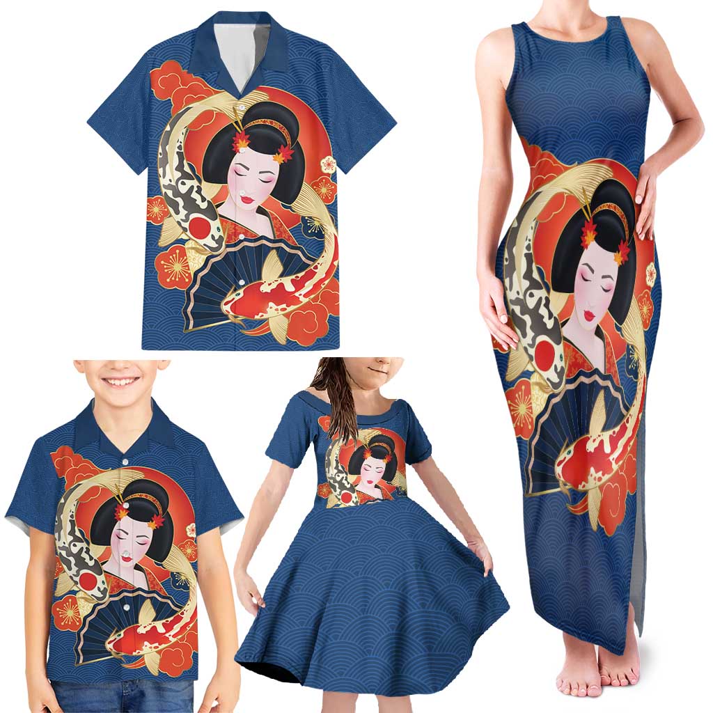 Japanese Geisha Koi Fish Family Matching Tank Maxi Dress and Hawaiian Shirt Cherry Blossoms Blue Seigaiha Pattern - Polynesian Pride