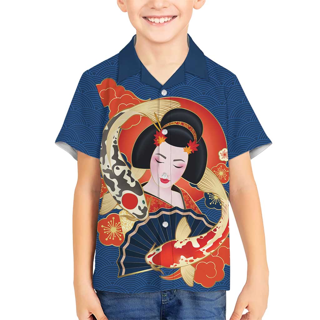 Japanese Geisha Koi Fish Family Matching Tank Maxi Dress and Hawaiian Shirt Cherry Blossoms Blue Seigaiha Pattern - Polynesian Pride