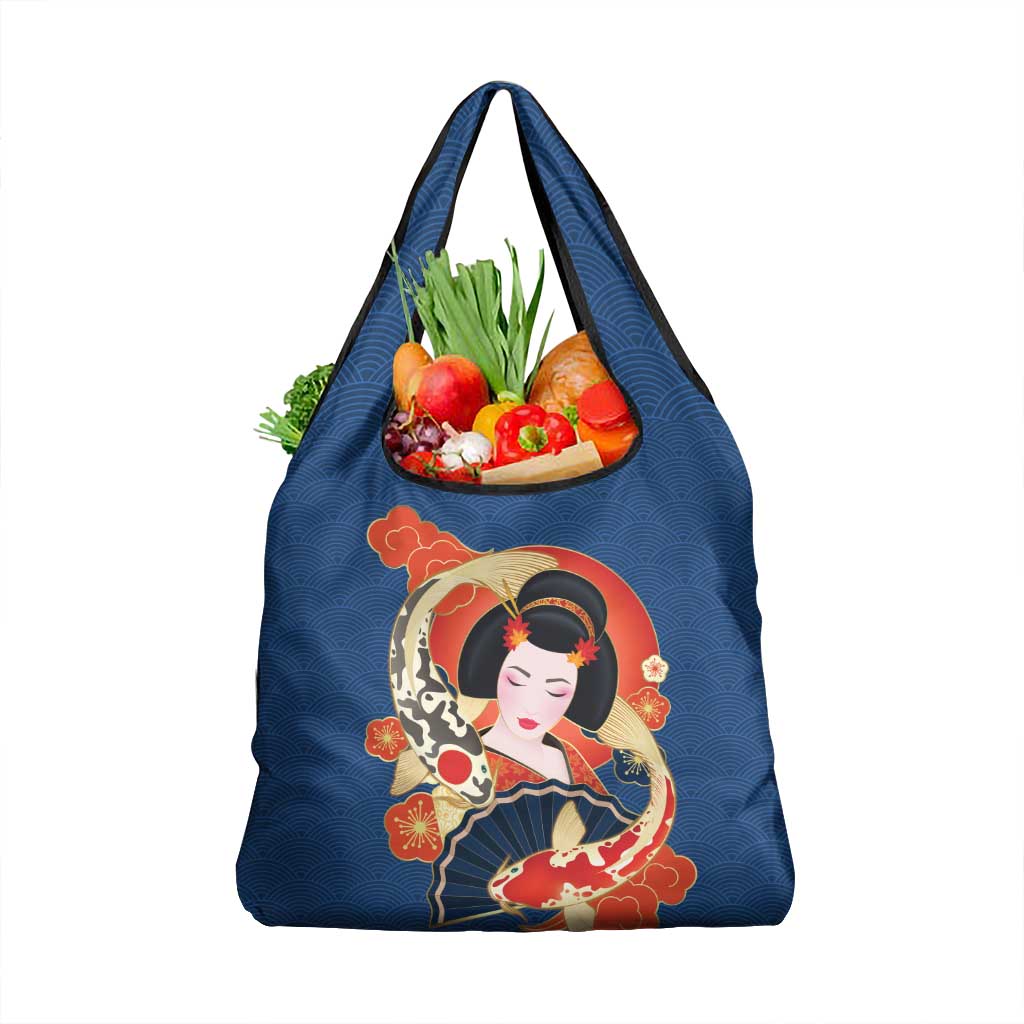 Japanese Geisha Koi Fish Grocery Bag Cherry Blossoms Blue Seigaiha Pattern - Polynesian Pride