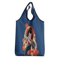 Japanese Geisha Koi Fish Grocery Bag Cherry Blossoms Blue Seigaiha Pattern - Polynesian Pride