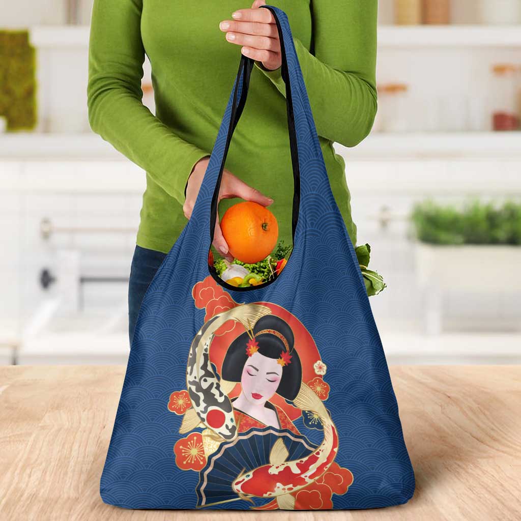 Japanese Geisha Koi Fish Grocery Bag Cherry Blossoms Blue Seigaiha Pattern - Polynesian Pride
