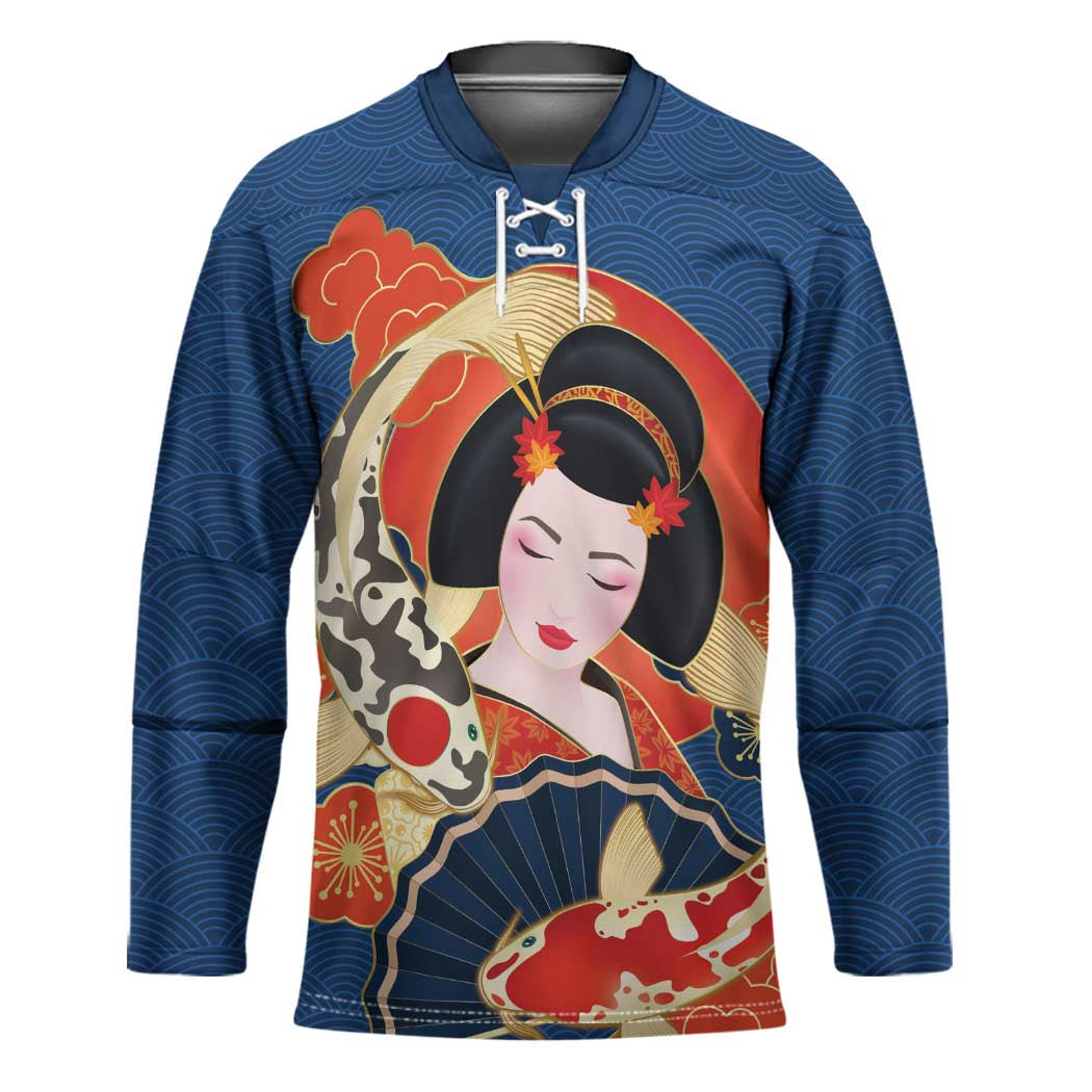 Japanese Geisha Koi Fish Hockey Jersey Cherry Blossoms Blue Seigaiha Pattern - Polynesian Pride