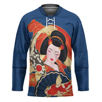 Japanese Geisha Koi Fish Hockey Jersey Cherry Blossoms Blue Seigaiha Pattern - Polynesian Pride