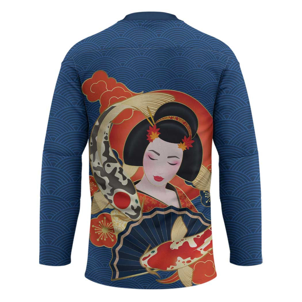 Japanese Geisha Koi Fish Hockey Jersey Cherry Blossoms Blue Seigaiha Pattern - Polynesian Pride