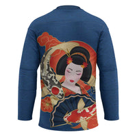 Japanese Geisha Koi Fish Hockey Jersey Cherry Blossoms Blue Seigaiha Pattern - Polynesian Pride