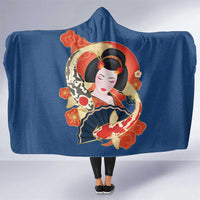Japanese Geisha Koi Fish Hooded Blanket Cherry Blossoms Blue Seigaiha Pattern LT14 One Size Blue - Polynesian Pride
