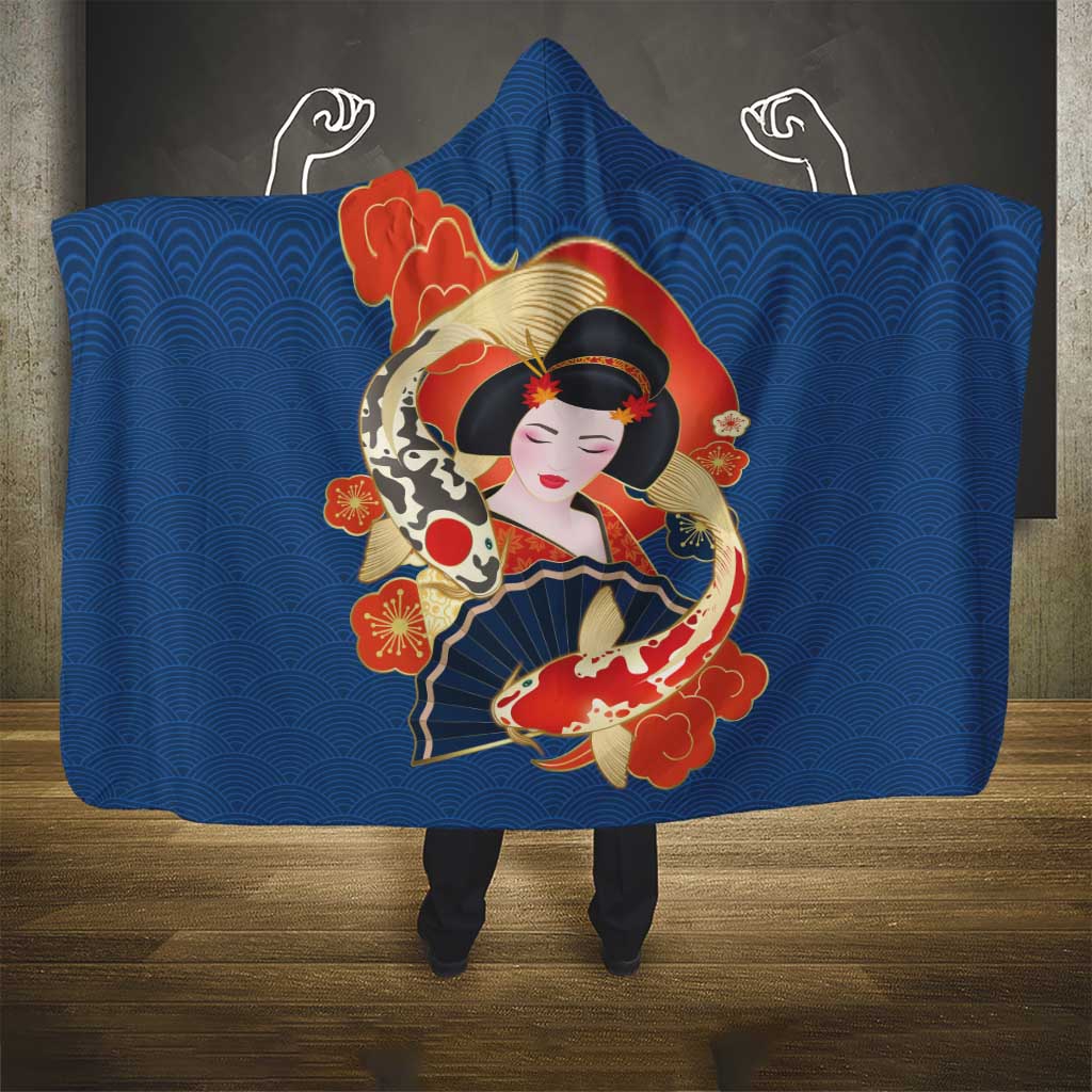 Japanese Geisha Koi Fish Hooded Blanket Cherry Blossoms Blue Seigaiha Pattern LT14 - Polynesian Pride